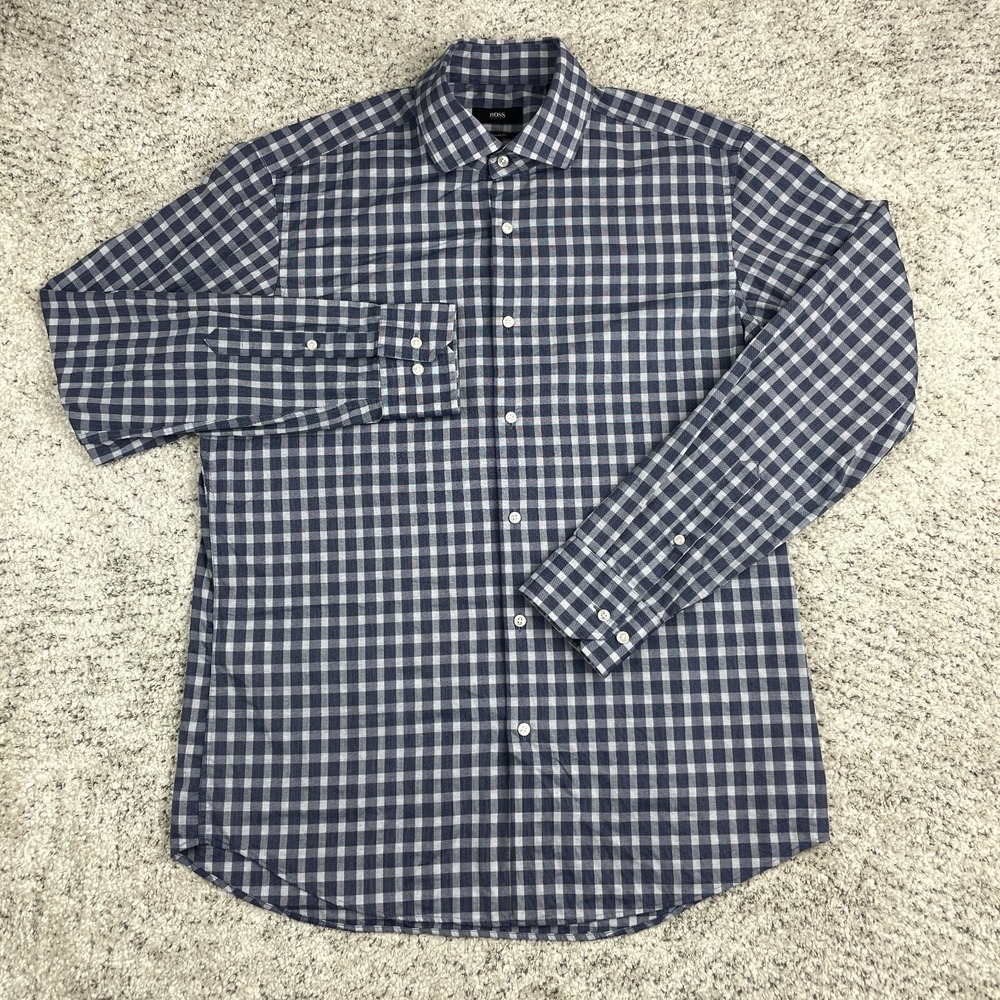 Hugo Boss Shirt Men 41 16 Regular Fit Gordon Cutaway Collar Long Sleeve Blue GUC